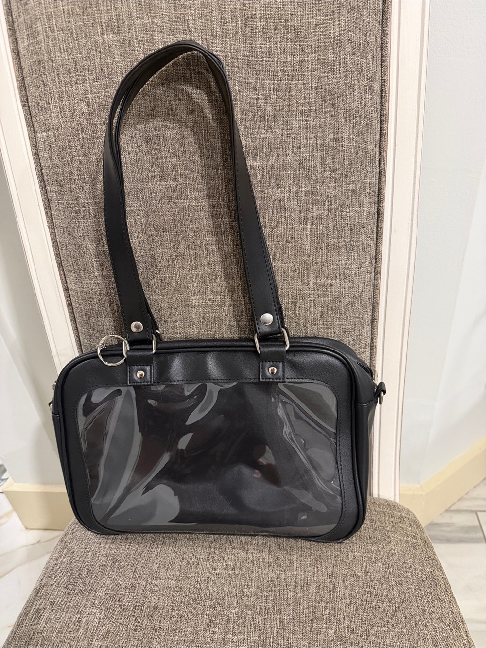 Women's Black Shoulder Bag with Clear Front Panel